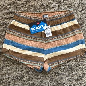 Kavu Women's Striped Athletic Shorts in Blue, Brown, Cream & Peach